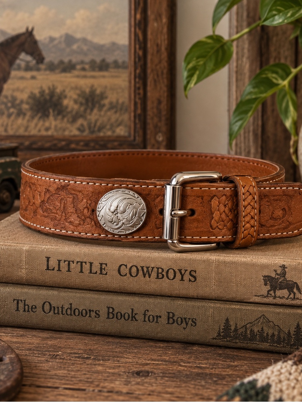 Vintage Leather Kids Tooled Belt with Silver Concho